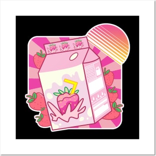 Funny Retro 90s Japanese Kawaii Strawberry Milk Shake Carton Posters and Art